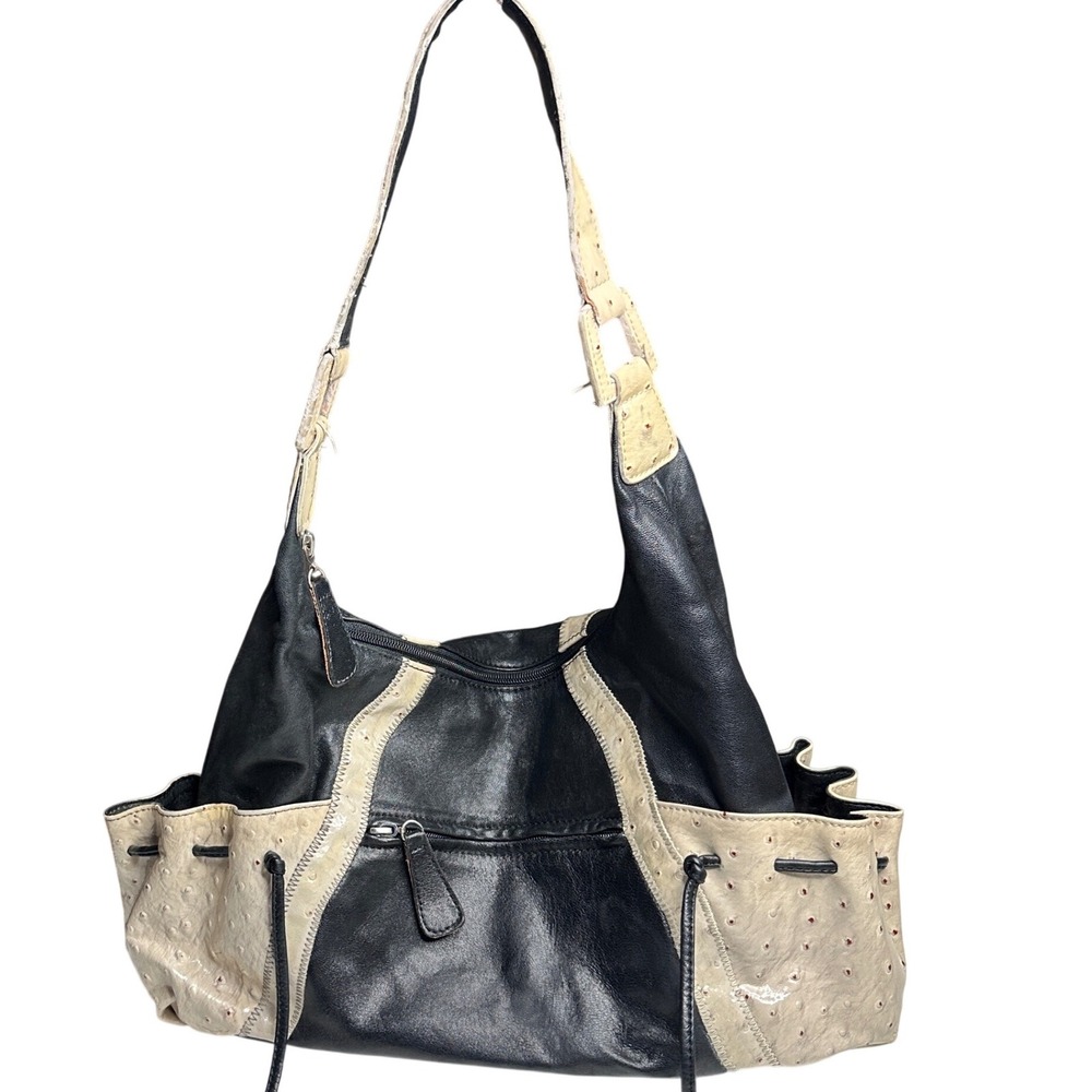 CHI Black Leather Ostrich Embossed Hobo Shoulder Bag Floral Lining Cream Trim